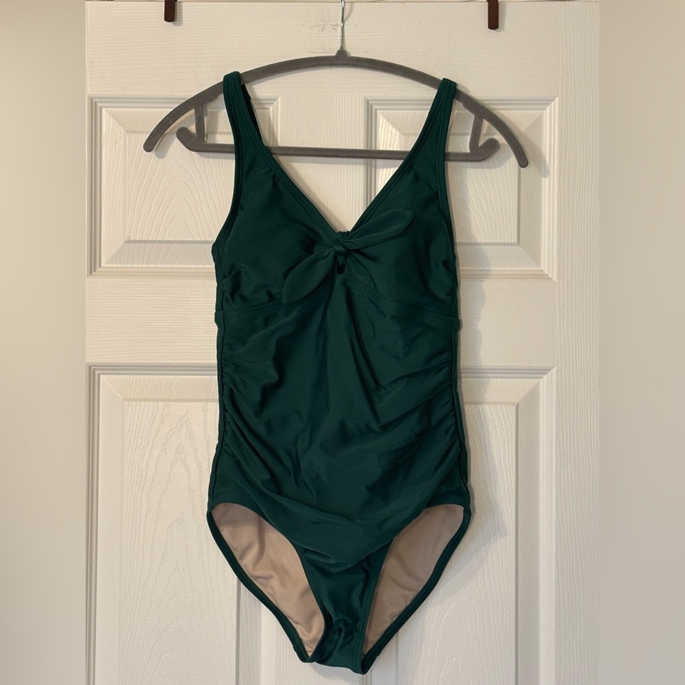 Kona Sol Dark Green Tie Front Ruched One Piece Swimsuit Size S EUC